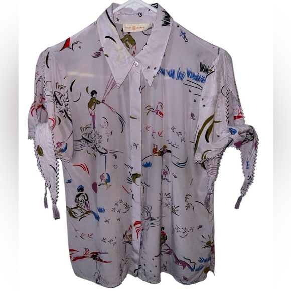 EUC Tory Burch Purple Daydream Tie-Sleeve Silk Short Sleeve Button Down Top 2 - Picture 2 of 13